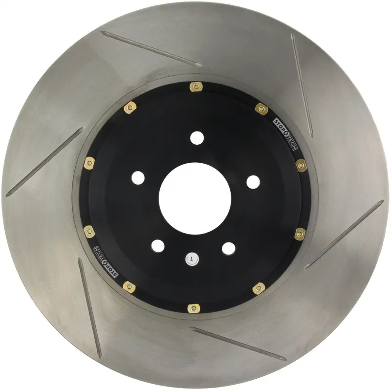 Stoptech Aerorotor – Two-Piece Drilled Front Left Brake Rotor, Black Hat Design, No Coating 1